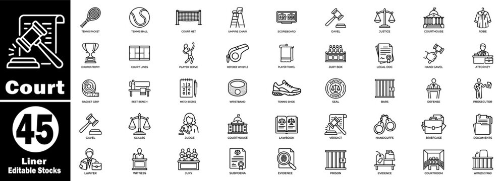 Court liner icons in a stylish black color, editable and perfect for web and print projects.