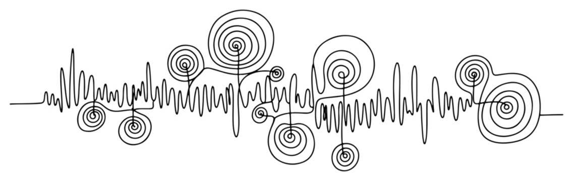 Abstract sound wave line with circular spiral patterns in a minimalist line art style