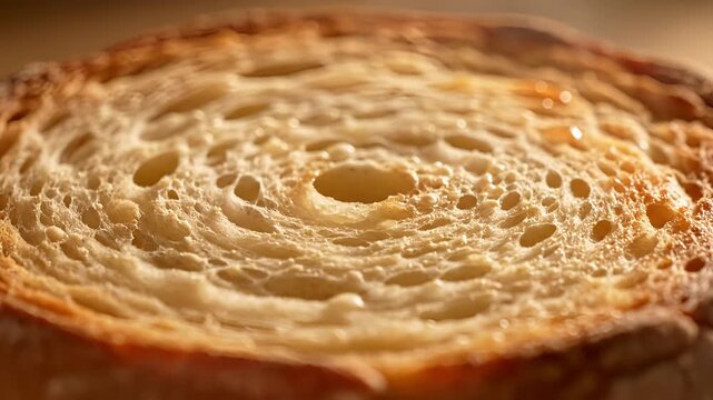 Closeup macro shot of toasted bread texture with golden brown crust.