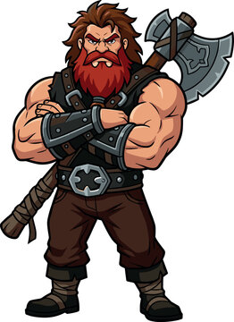 Powerful Fantasy Dwarf Warrior Character Vector Illustration with Red Beard and Bracers Carrying a Large Battle Axe for Game Design and Mascot ArtworkPowerful Fantasy Dwarf Warrior Character Vector Il