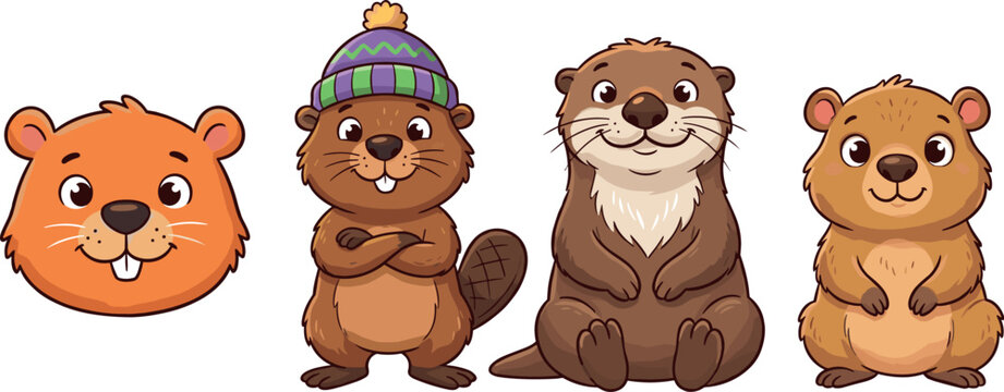 Cute Cartoon Rodent and Water Mammal Character Set Featuring a Groundhog Head Beaver Wearing a Beanie Otter and Quokka for Kid DesignsCute Cartoon Rodent and Water Mammal Character Set Featuring a Gro