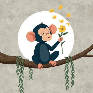 Cute monkey sitting on branch holding flower with gentle expression  