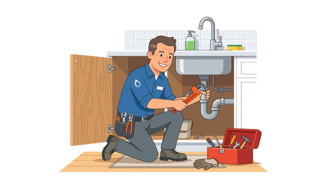 Professional plumber repairing a leaking sink pipe under the kitchen cabinet with tools in a red toolbox