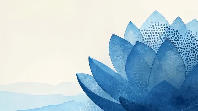 Blue lotus flower illustration for asian art decoration. Minimalist floral pattern with textured petal design for traditional cultural background or ornament.
