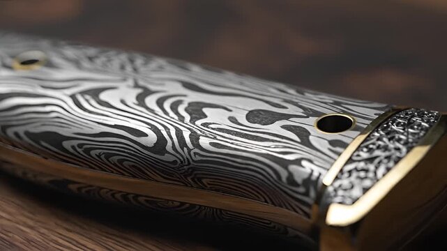 Closeup of Damascus Steel Knife Handle with Intricate Patterns.