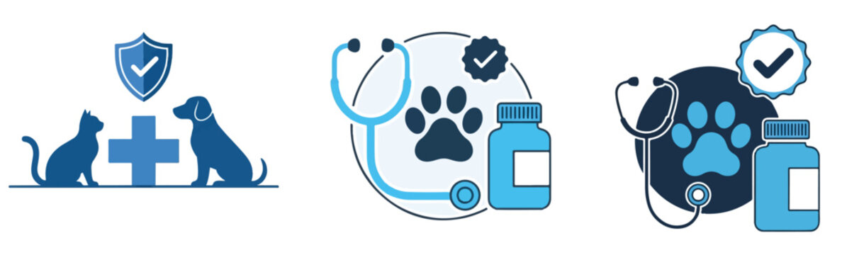 A set of three flat vector icons showcases domestic pet silhouettes, a medical cross, stethoscopes, paw prints, and medicine bottles adorned with protective shields and checkmarks