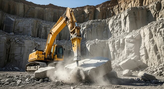Yellow excavator with hydraulic jackhammer smashing large stone boulder in a deep quarry pit under harsh sunlight, creating dust and debris