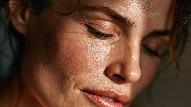 Woman's face glowing with natural sunlight, highlighting authentic skin texture, wrinkles, and freckles, embracing beauty in aging and self acceptance with eyes gently closed