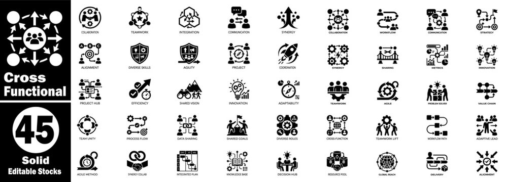Cross-functional solid icon set. Collaboration, teamwork, communication, synergy, strategy, agile integration, and diverse skills.