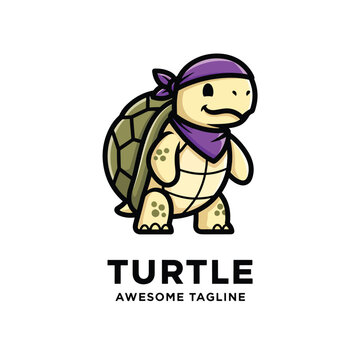 Cute Cartoon Turtle Mascot wearing a Purple Bandana Vector Illustration.