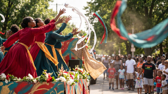 Dancers performing on parade float celebrating freedom in summer festivities  