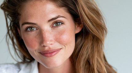 Fototapeta premium Close up portrait of beautiful woman smiling. Displaying natural glowing skin. Green eyes. And freckles. Representing self care. Wellness. And authentic beauty