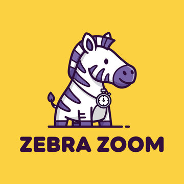 Cute cartoon zebra character holding a stopwatch logo design.