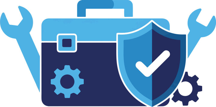 A flat blue vector illustration of a tool box flanked by wrenches and gears, featuring a protective shield with a verified checkmark in the foreground