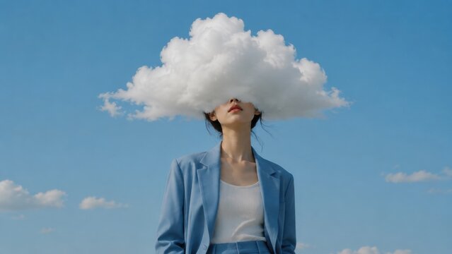 A woman is standing outside in daylight. A cloud hovers above her head while she wears a light outfit. The sky is blue with some clouds in the background.