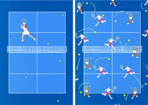 Minimalist tennis court vector illustration and seamless pattern set, flat lay top view. Tennis sports background diptych with single player court and active match seamless pattern