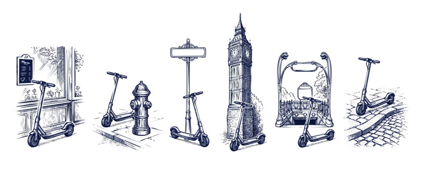 Electric scooter urban vector sketch set featuring micro-mobility transport next to European city landmarks like Big Ben, Paris metro, cafe storefront, and street signs in hand-drawn blue ink style.