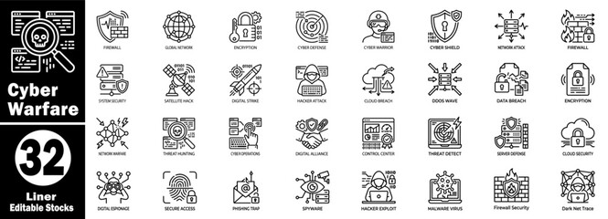 Cyber warfare line icon set, firewall global network encryption cyberdefense cyber warrior cyber shield network attack. © Hafiz