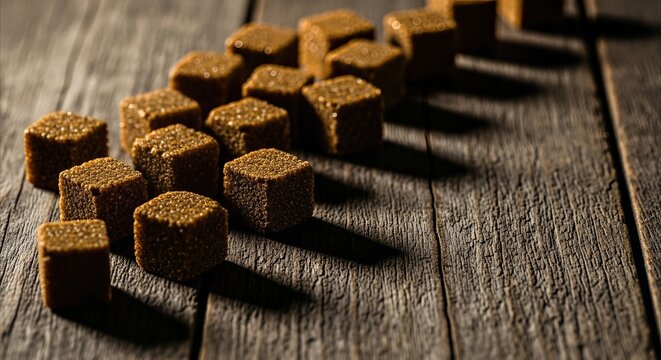 Dry bouillon cubes scattered on rustic weathered wood table, dramatic lighting, copy space for promotions