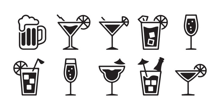 Premium beverage icon collection including beer stein martini glass champagne and mixed drinks with garnishes.