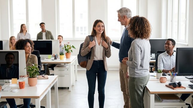 Smiling young woman with a backpack arriving at a modern bright office being warmly greeted by her diverse colleagues, corporate business team, welcoming workplace, new job beginning.