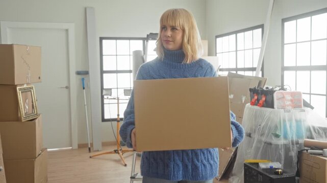 Woman holding large cardboard box with hands, smiling and carrying packed boxes amid furniture and frames in building; fresh start optimism.