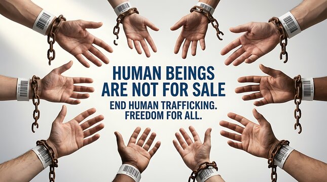 Hands in chains with barcode labels and text against human trafficking freedom for all
