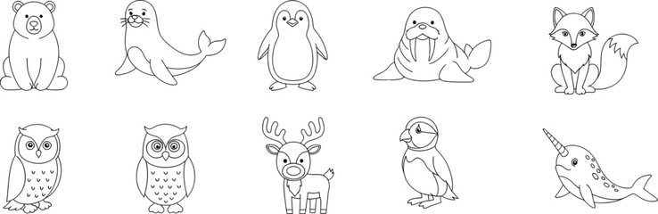 Set of cute arctic and polar animals line art sketch for kids coloring book page © Simu Store