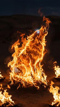 Majestic mystical wolf figure formed entirely of bright orange roaring fire howling into the dark night sky. Powerful magical wildlife, glowing fantasy creature, dramatic eenergy concept.