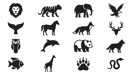Fototapeta premium Wildlife animals nature vector silhouette icon pack featuring lion tiger elephant eagle deer wolf bear fish dolphin giraffe snake