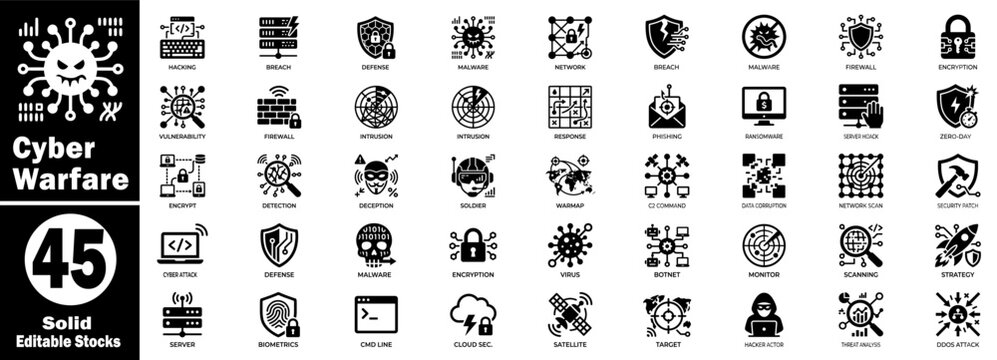 Cyber warfare solid vector icon set. Featuring network security hacking protection, malware threat defense, and digital attack.