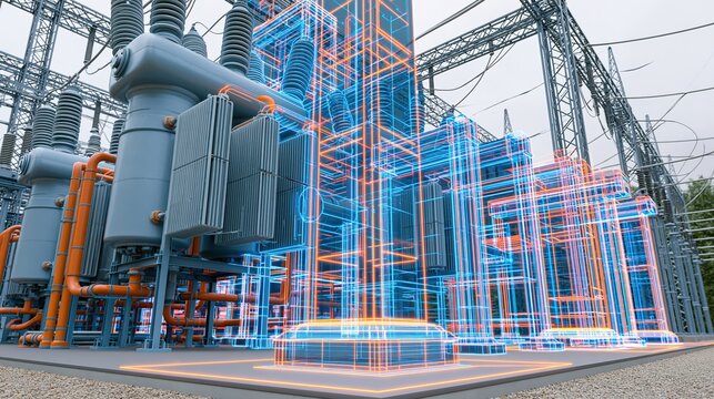 Electric Power Plant Interior: Transformers, Piping, and High-Voltage Lines