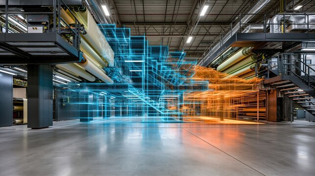 Industrial Interior with Blue and Orange Light Trails
