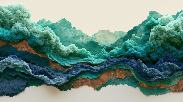 Medium shot of layered organic bronze texture with soft patina clouds in green and blue hues isolated on offwhite background showcasing modern graphic simplicity.