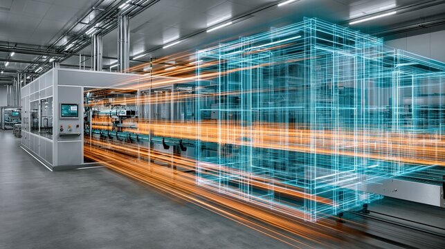 Automated Factory Interior with Blue Wireframe Structure and Orange Light Trails