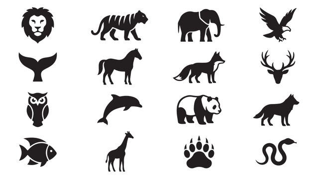 Wildlife animals nature vector silhouette icon pack featuring lion tiger elephant eagle deer wolf bear fish dolphin giraffe snake