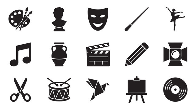 Creative arts and performance vector silhouette icon pack featuring painting brushes ballet dancers theater masks film cameras pottery writing pens spotlights