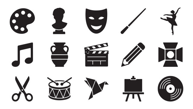 Creative arts and entertainment vector icon pack featuring theater mask ballet dancer paintbrush film camera vase music note