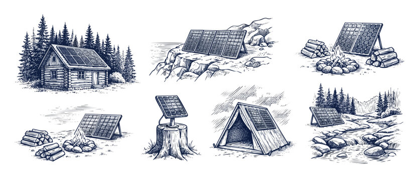 Solar panel camping illustration set with off-grid living concepts, rustic log cabins, outdoor tents, campfires, and sustainable green energy technology in a vintage hand-drawn engraving style design.