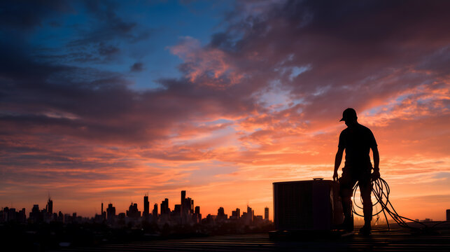 Silhouette of HVAC technician working on rooftop air conditioning system against dramatic sunset sky with city skyline background