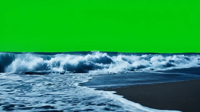 Powerful ocean waves crashing on a dark sandy beach with a green screen background.