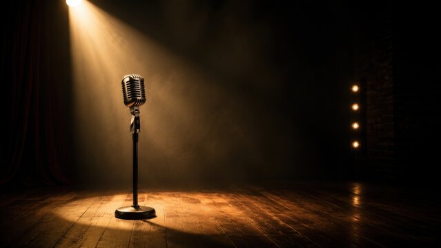A vintage microphone stands alone on a wooden stage. Soft light shines down from above, creating a focus on the mic. The background is dark, suggesting a music performance atmosphere.