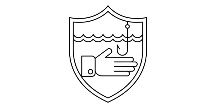 Hand protected from fishing hook inside shield with water, security concept icon