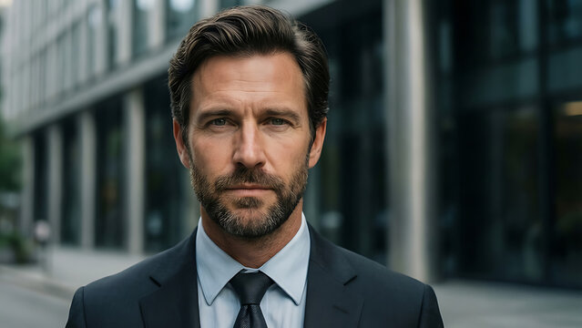 Portrait d'un homme d'affaires professionnel en costume debout devant un b&acirc;timent de bureau moderne, regardant directement la cam&eacute;ra avec une expression confiante et s&eacute;rieuse