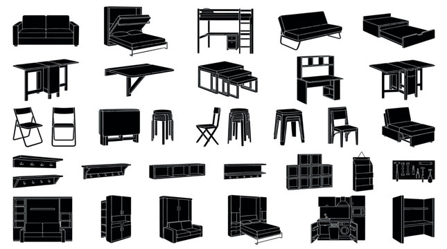 Tiny Space Smart Furniture Silhouettes Sets Pack, Editable Vectors Stroke Illustrations. containing furniture, icons, silhouette, black, interior, design, vector, home and more Furniture silhouettes