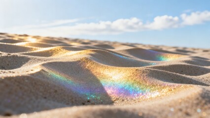 Fototapeta premium Sand with rainbow sparkles under blue sky