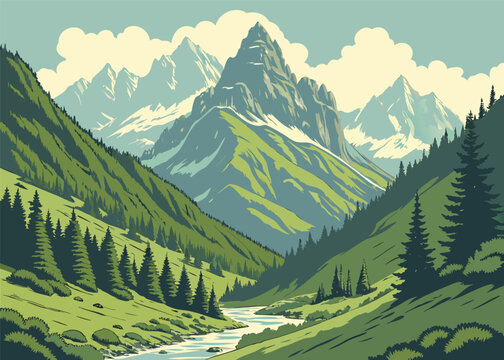 Beautiful Panoramic Mountain Landscape with River and Green Valley Serene Nature Scenery for Travel and Tourism Concept