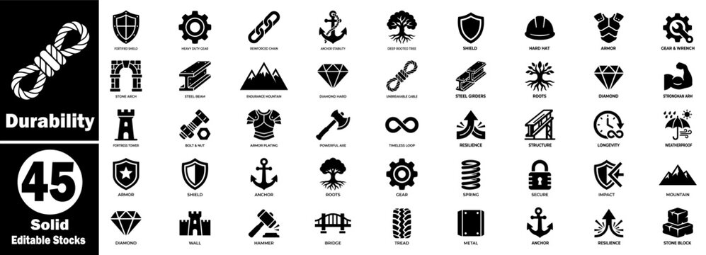 Durability solid icon set. Including heavy-duty equipment, structural metal parts, armor protection, and permanent gear.