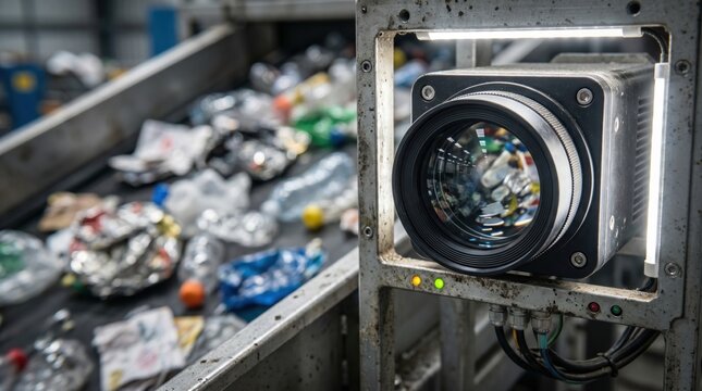 Advanced computer vision camera system sorting plastic garbage on a recycling plant conveyor belt