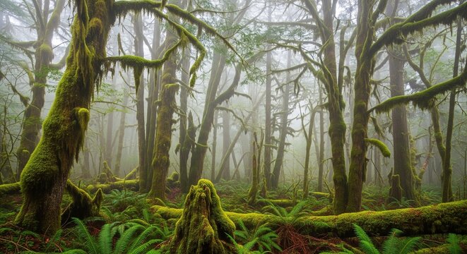 A dense, mysterious green forest filled with thick fog. Ancient trees and fallen logs are completely covered in vibrant green moss and ferns, creating an enchanted fairy-tale look